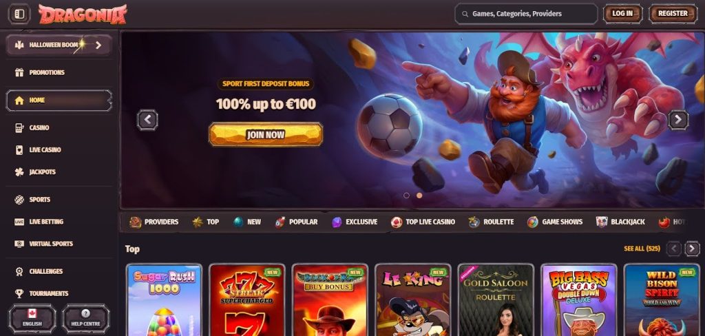 Dragonia sportsbook homepage showing football, NFL, and live betting markets for Canadian players